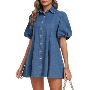Denim Dress Women Short Puff Sleeve Mini Casual Summer Everyday Wear